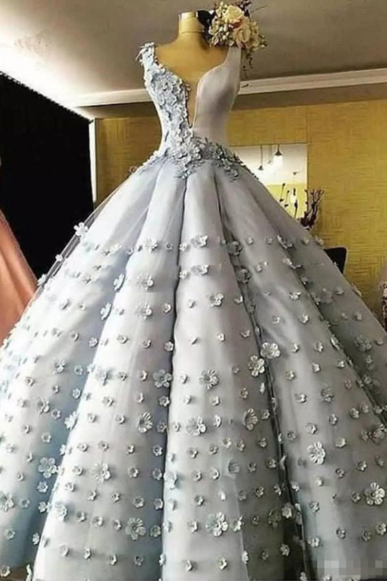 Princess Gray Tulle Flower Ball Gown Prom Dress, Floor Length Quinceanera Dresses N1357
