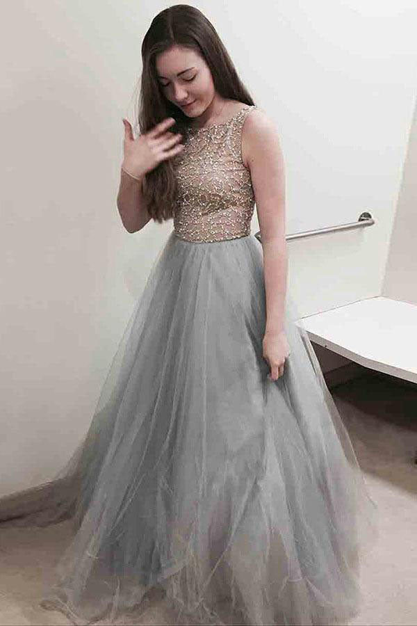 Gray Long Tulle Prom Dress with Beading, A Line Sleeveless Grey Formal Dresses N1582