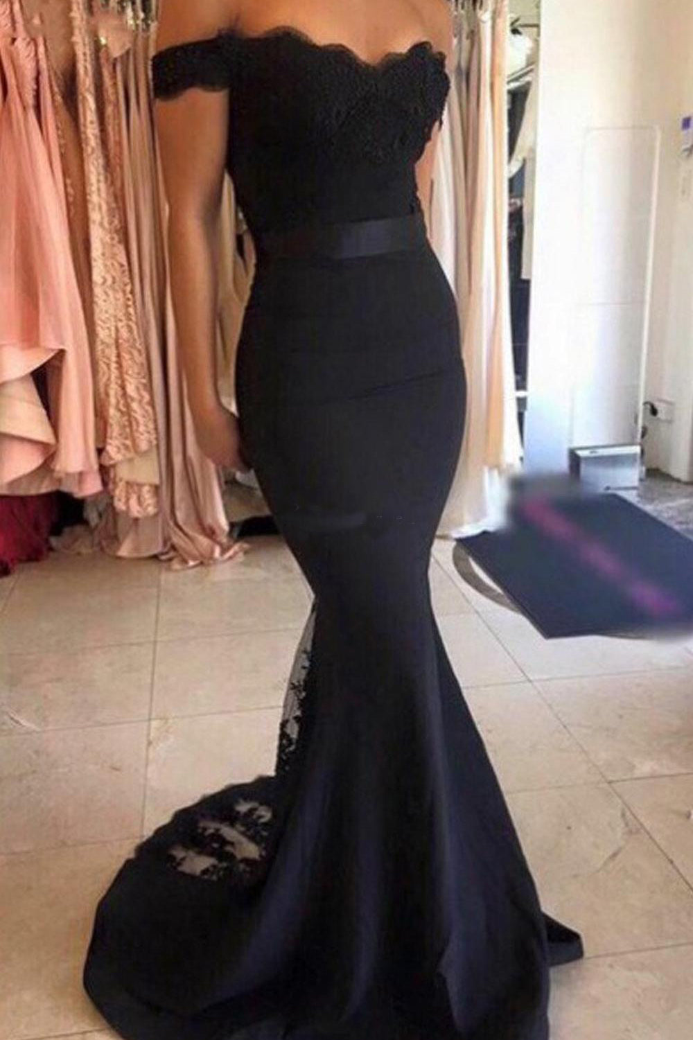 Cheap Mermaid Long Prom Dress with lace, Off the Shoulder with Sash Prom Gowns N1527