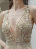 Deep V-Neck Sleeveless Evening Dresses with Sequins Backless A Line Party Dresses N2665