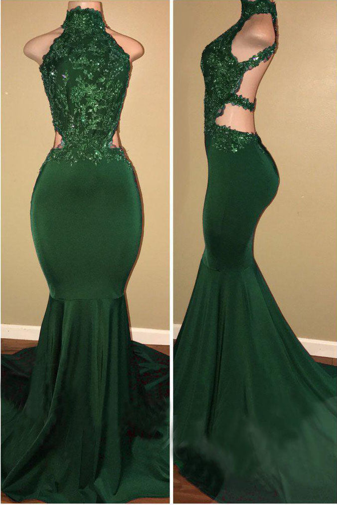 Green High Neck Sleeveless Mermaid Long Prom Dress with Appliques, Sexy Party Dress N1585