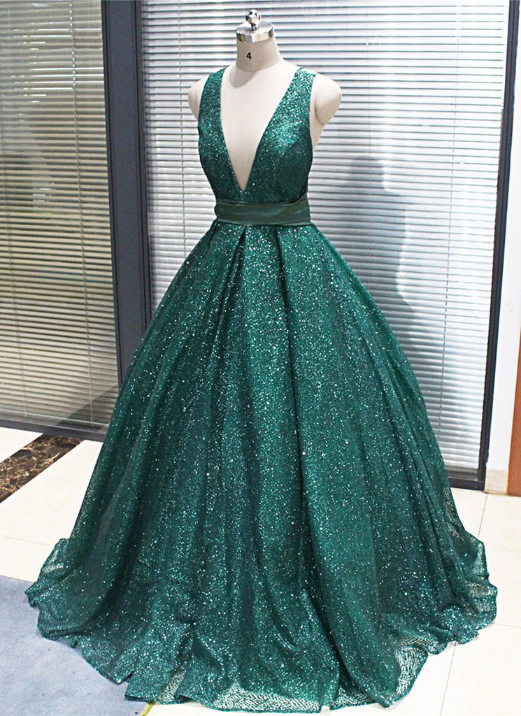 Shinny V-Neck Green Sequined Ball Gown Long Prom Dresses Quinceanera Dresses N1484