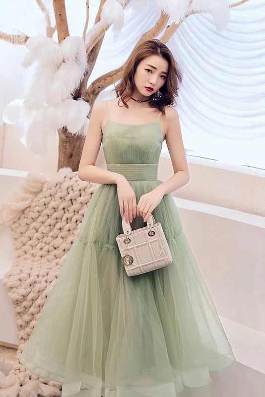 Green Tulle Spaghetti Strap Sleeveless Pleated Prom Dresses N2093