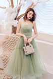 Green Tulle Spaghetti Strap Sleeveless Pleated Prom Dresses N2093