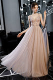 Floor Length V-Neck Sleeveless Tulle Long Prom Dresses with Beading Crystals N2668