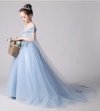 Sky Blue Off the Shoulder Appliques Tulle Flower Girl Dress F080