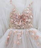 Elegant Appliques Ivory Tulle Floor Length Prom Dresses V neck Long Evening Party Gowns N2391