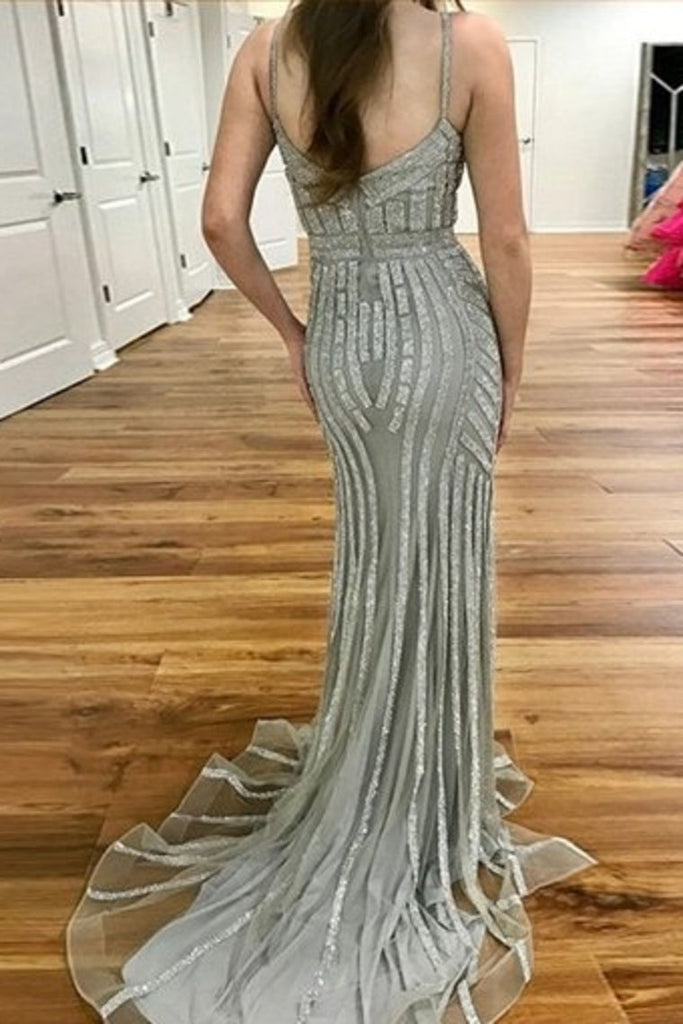 Gray Spaghetti Strap Sparkly Evening Dresses Sexy Long Mermaid Prom Dresses N1183