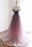 A Line Off the Shoulder Ombre Prom Dresses with Belt