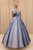 Ball Gown V Neck Dark Blue Tulle Prom Dress with Applique Puffy Long Quinceanera Dress N1438