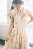 Elegant V-neck Sleeveless Cap Sleeves Floor-Length Wedding Dress with Lace Appliques N2499