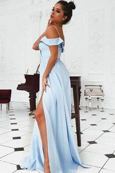 Light Blue Off the Shoulder Prom Dresses with Side Slit N1617
