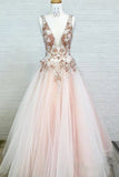 Light Pink V-Neck Sleeveless Tulle Prom Dresses with Flowers and Beads N2389