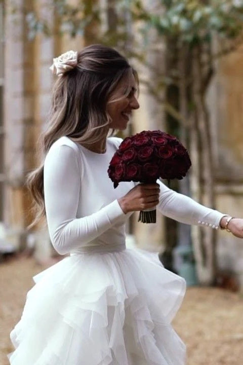 Ruffles Long Sleeves Tulle Beach Wedding Dresses with Sweep Train