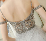 Light Gray Straps Floor Length Tulle Prom Gowns A Line Long Party Dresses N2662