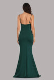 Straps Green Side Slit Mermaid Prom Dresses Sexy Beads V-Neck Formal Dresses XU90815