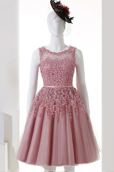 Dusty Pink A-Line Sleeveless Tulle Homecoming Dress,Lace Applique Homecoming Gown
