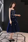 Spaghetti Straps Blue Tulle Tea Length Homecoming Dresses with Stars N2135
