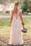 A Line V-Neck Floor Length Cap Sleeves Lace Beach Wedding Dresses Boho Wedding Dresses N2495