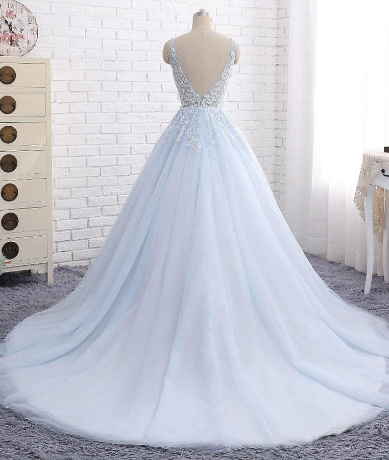 Elegant V-Neck Sleeveless Ball Gown Lace Appliqued Tulle Light Blue Wedding Dresses