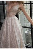 Sexy A Line Deep V-Neck Court Train Backless Prom Dresses with Sequins Party Dresses N730