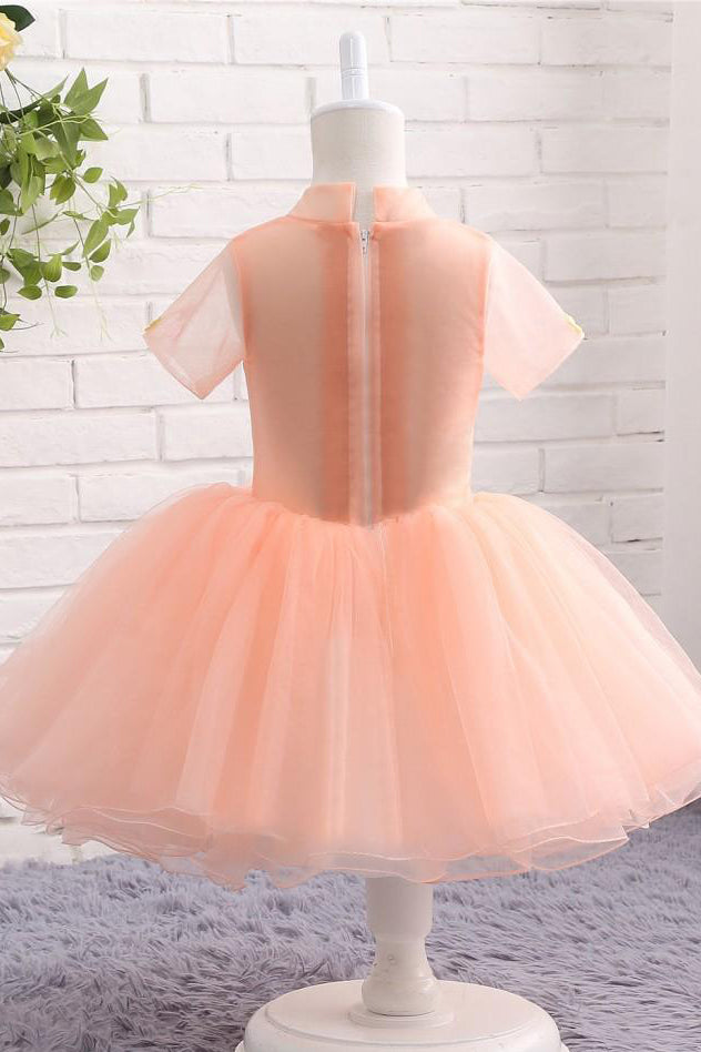 Cute Peach Short Flower Girl Dresses For Weddings High Neck Short Sleeves Dresses F062