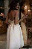 White Satin Spaghetti Straps Backless Tea Length Prom Dresses