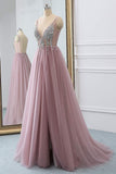 Dusty Pink A-Line Tulle Prom Dresses Sparkly V-Neck Long Graduation Dresses with Rhinestone N1526