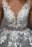 Puffy Gray V-Neck Appliqued Beading Tulle Long Prom Dresses