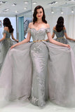 A Line Appliques Off-the-Shoulder Gray Tulle Prom Dresses N1833