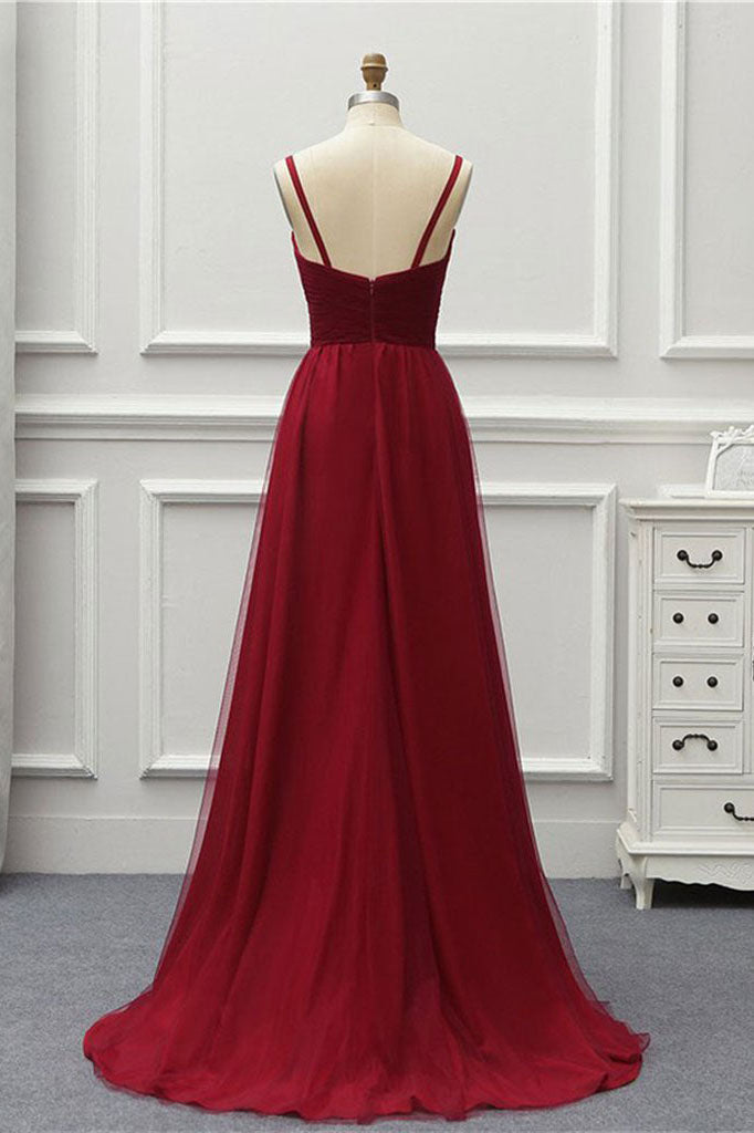 A-Line Burgundy V-Neck High Low Tulle Prom Dresses with Train N1692