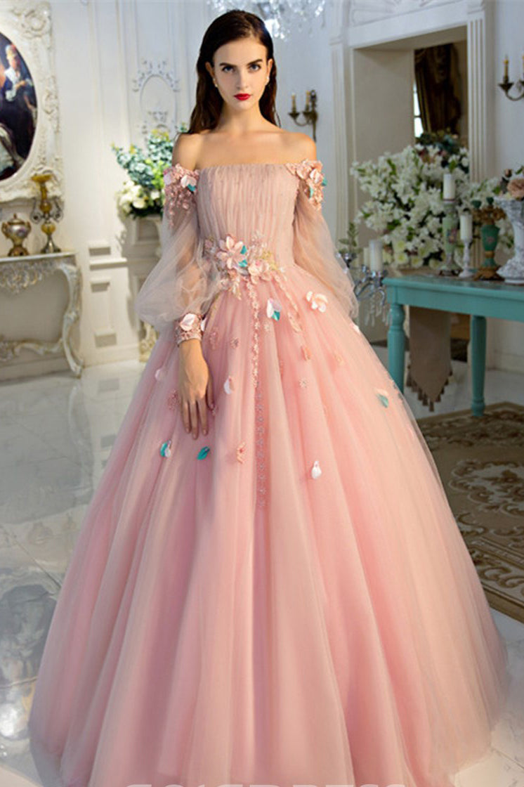 Off-the-Shoulder Long Sleeves Ball Quinceanera Dresses With Flowers Prom Dresses N1222