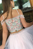 Two Piece Off the Shoulder Tulle Short Homecoming Dresses Charming Prom Dresses with Beads N2108