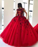 Red Ball Gown Prom Dresses with Appliques Floor Length Tulle Quinceanera Dresses N1325