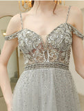 Light Gray Straps Floor Length Tulle Prom Gowns A Line Long Party Dresses N2662