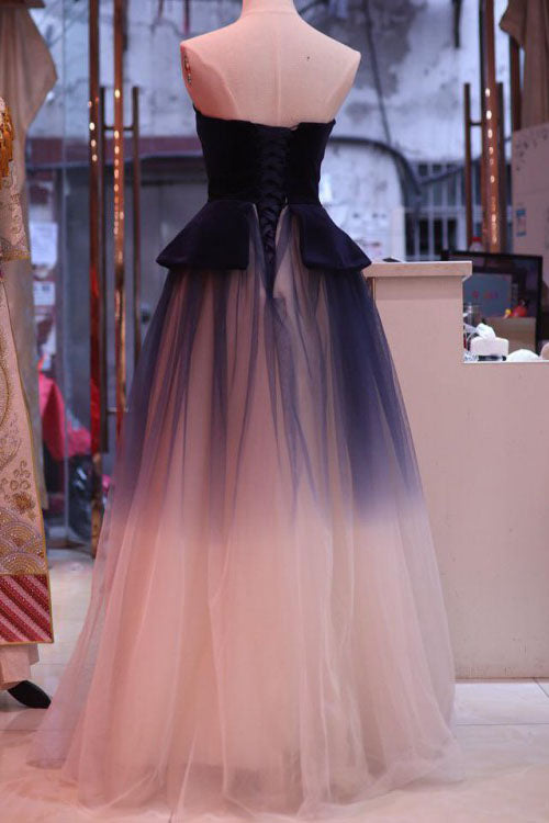 Ombre Blue Tulle Long Prom Dresses Unique New Style Strapless Long Evening Dresses N1602