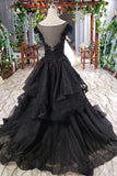 Puffy Cap Sleeves Lace Appliques Beaded Long Black Prom Dresses