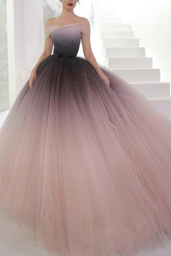 Puffy Off the Shoulder Ombre Prom Dress, Unique Tulle Long Evening Dresses N1596