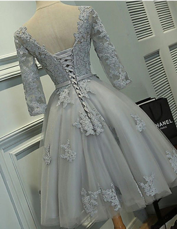Grey A Line Bateau Knee-length Lace Appliques Tulle Homecoming Dresses with Belt