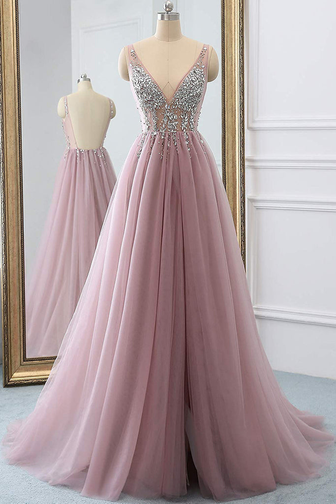 Dusty Pink A Line Tulle Prom Dress, Sparkly V Neck Long Graduation Dress with Rhinestone N1526