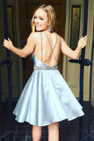 A Line V-Neck Light Blue Satin Homecoming Dresses with Beading Sexy Short Prom Dresses N1837