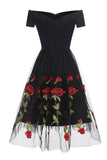Retro Off the Shoulder Tulle Black Party Dresses with Flowers Knee Length Homecoming Dresses N2107