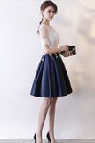 Dark Blue Knee Length Satin Homecoming Dresses with Short Sleeves Short Prom Dresses with Lace N2223