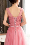 Pink Sleeveless Prom Dresses with Flowers A Line Floor Length Tulle Evening Dresses N1775