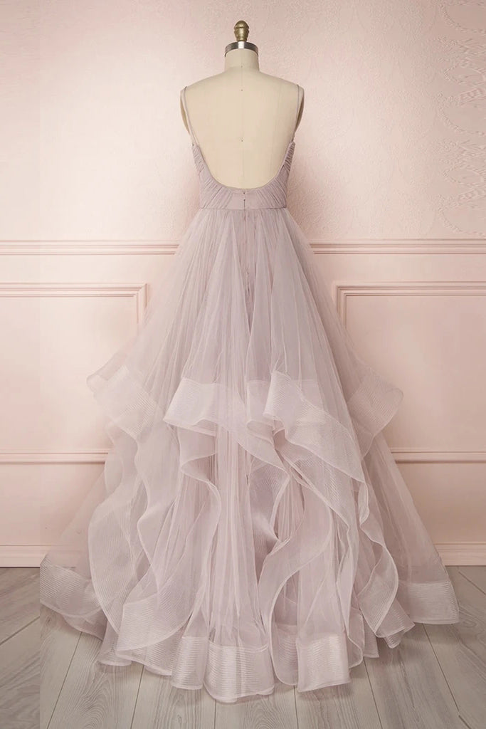 Spaghetti Straps Pleated Floor Length Tulle Prom Dress N2622