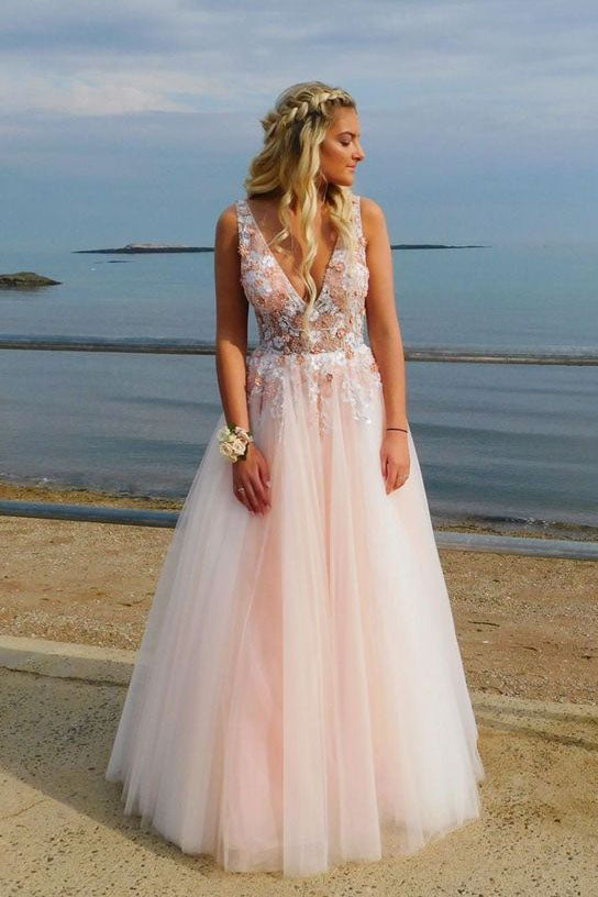 A Line Deep V Neck Sleeveless Tulle Prom Dress with Appliques,  Floor Length Party Dresses N2673