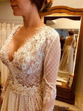 Unique V-Neck Long Sleeve Backless Lace Boho Wedding Dresses