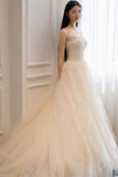 Ivory Spaghetti Straps Appliques A Line Court Train Tulle Beach Wedding Dresses N1226