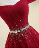 Off the Shoulder Tulle Long Prom Dresses with Rhinestones Burgundy Formal Dresses N1544