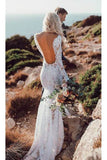 Mermaid V-Neck Boho Long Sleeve Lace Beach Wedding Dress